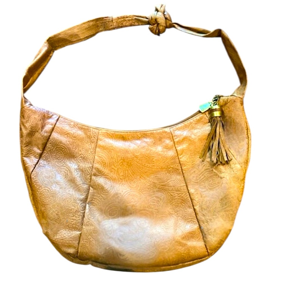 Tooled Genuine leather Hobo Style Crescent Shape Boho Large shoulder bag tassel